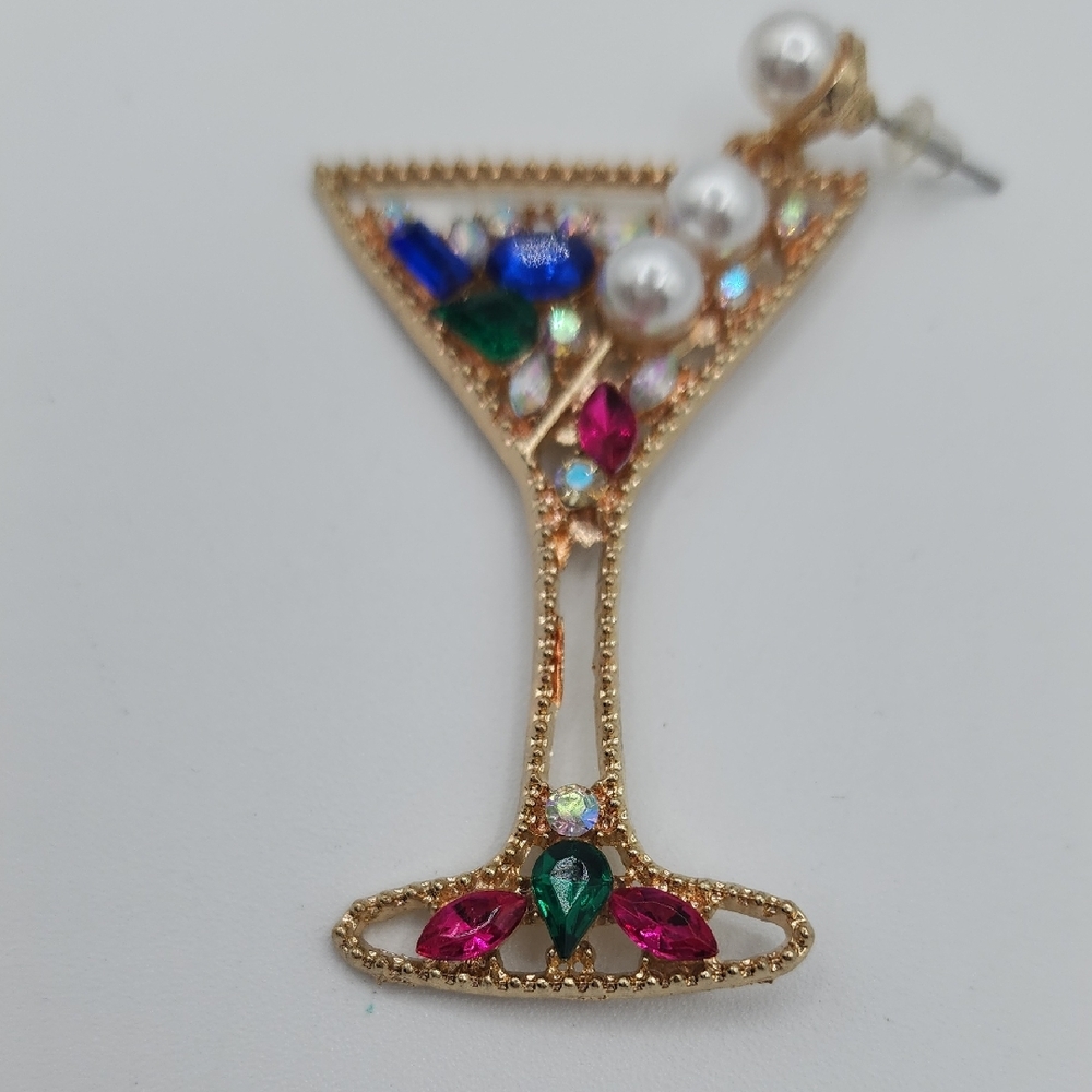 Gold Martini Earrings with Pearl Bubblies And Colorful Gems - Picture 4 of 8